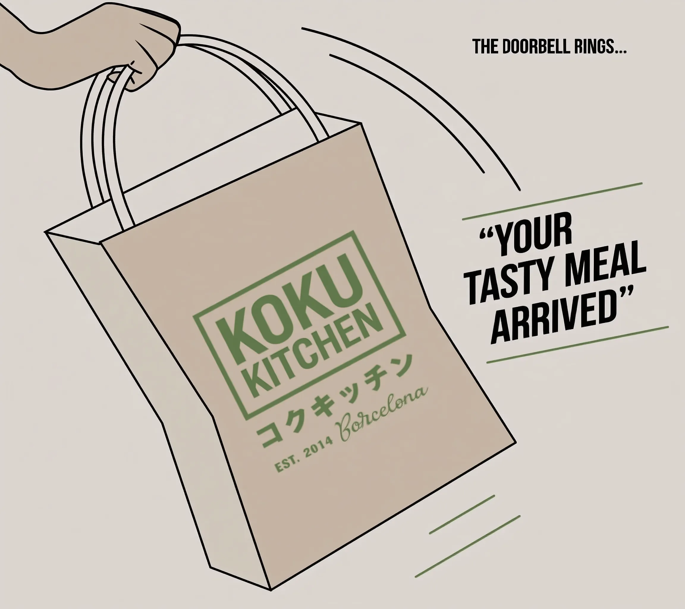 The doorbell rings: a Koku Kitchen bag arrives at the door. "Your tasty meal arrived."