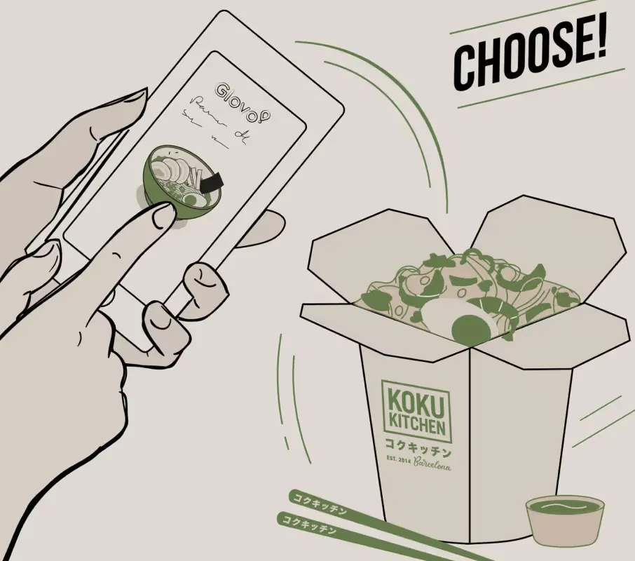 Choose! A hand picks a dish on a delivery app, next to a Koku Kitchen takeaway box.
