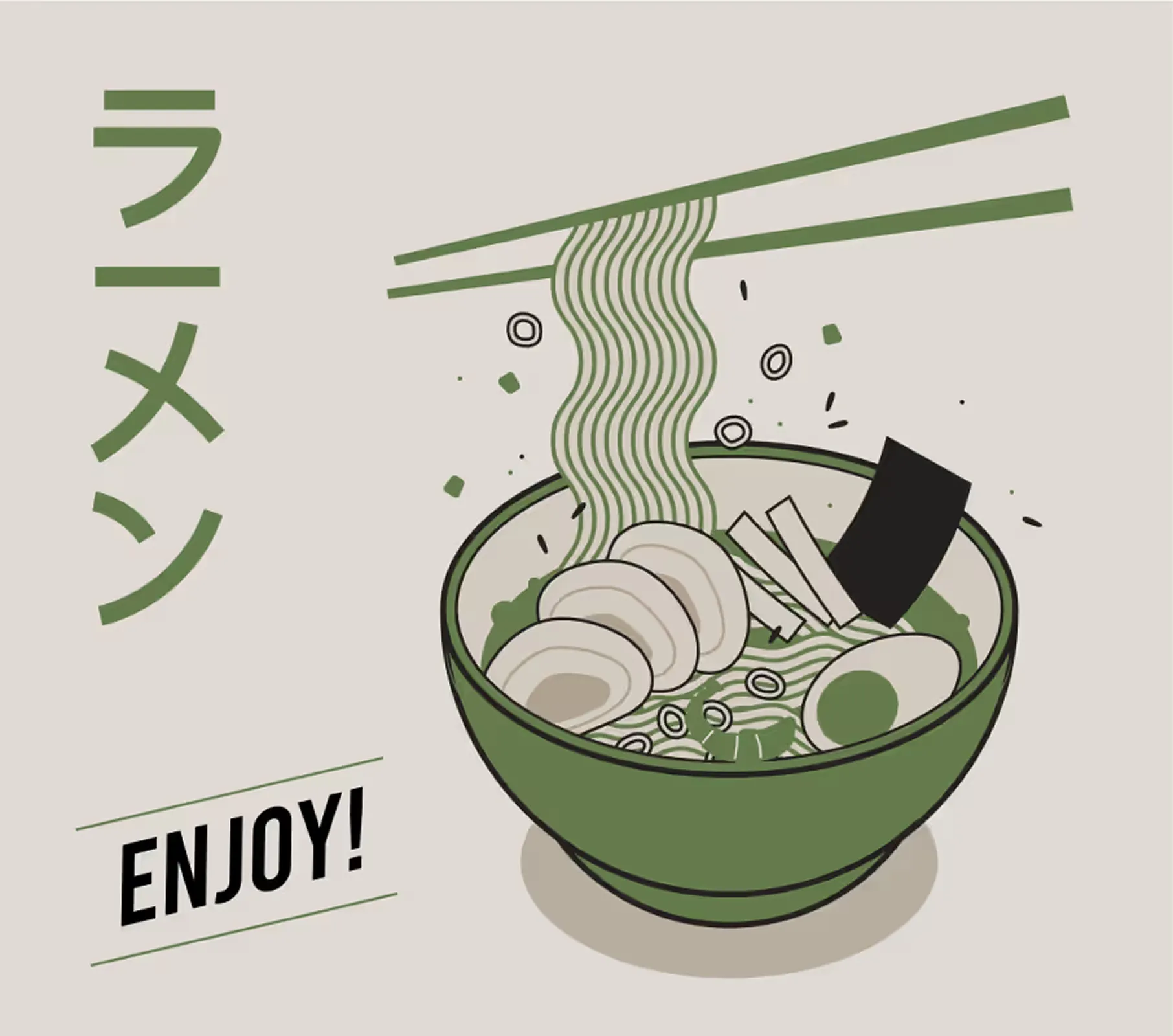 Enjoy! A bowl of ramen, with ラーメン written beside it.