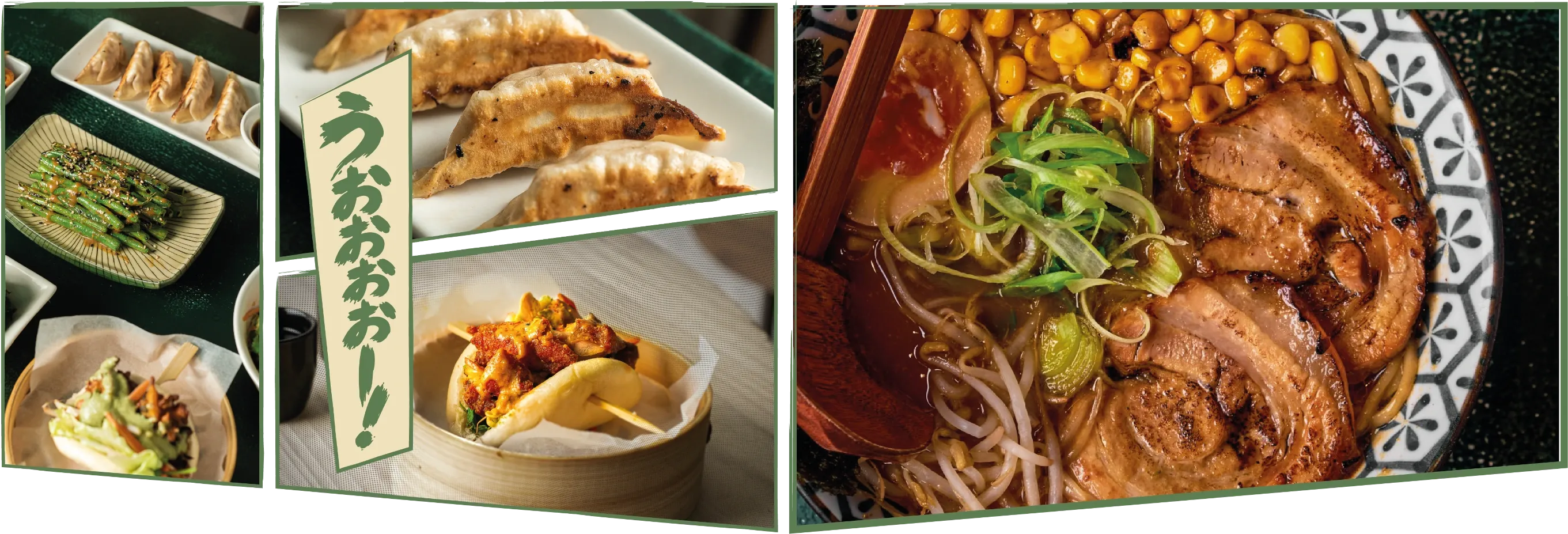 Gyozas, green beans, bao buns and a bowl of ramen with chashu pork and sweetcorn